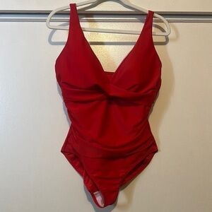 Red One Piece with Plunging V-Neck and Classic Cut